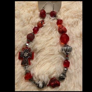 New Red Rock Cross Necklace & Earring Set
